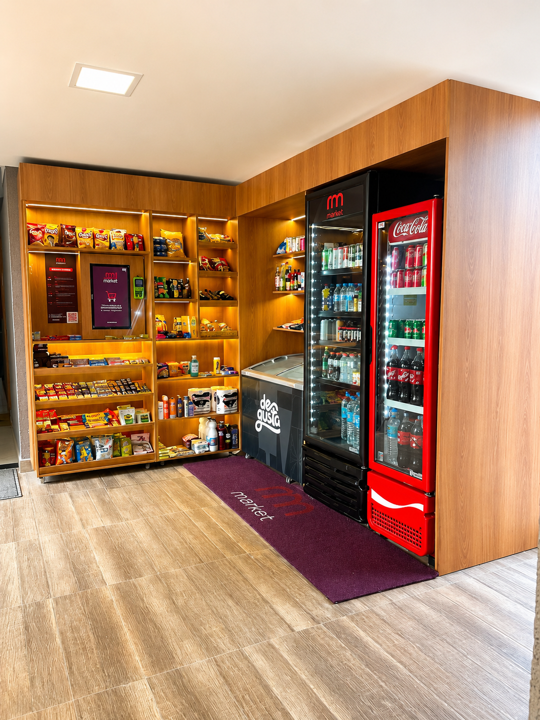 Mini market interno com bebidas e snacks