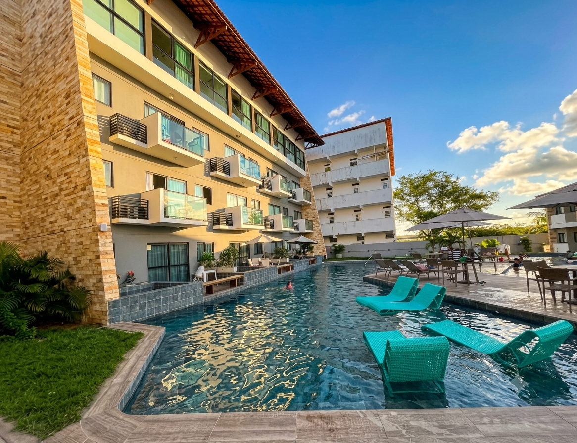 Piscina do condomínio Bela Vista Beach com espreguiçadeiras e vista da fachada da pousada